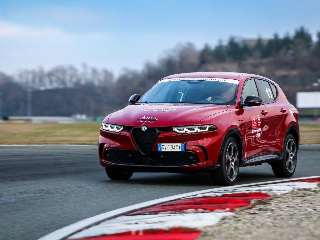 Alfa Romeo affronta la curva di un circuito in prossimità del cordolo.