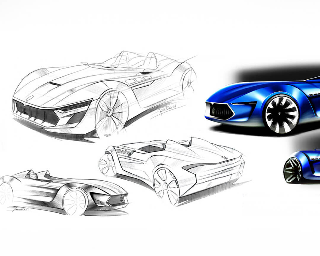 sketches of Maserati cars in black and white and metallic blue