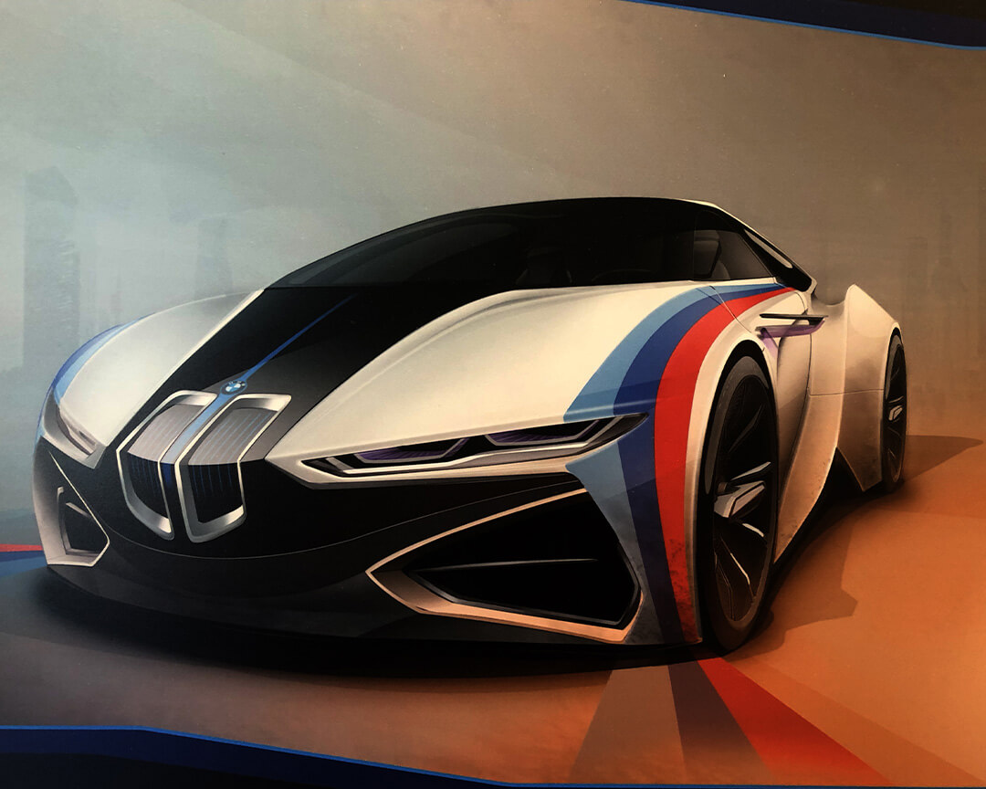 BMW sports car with blue, blue and red stripes