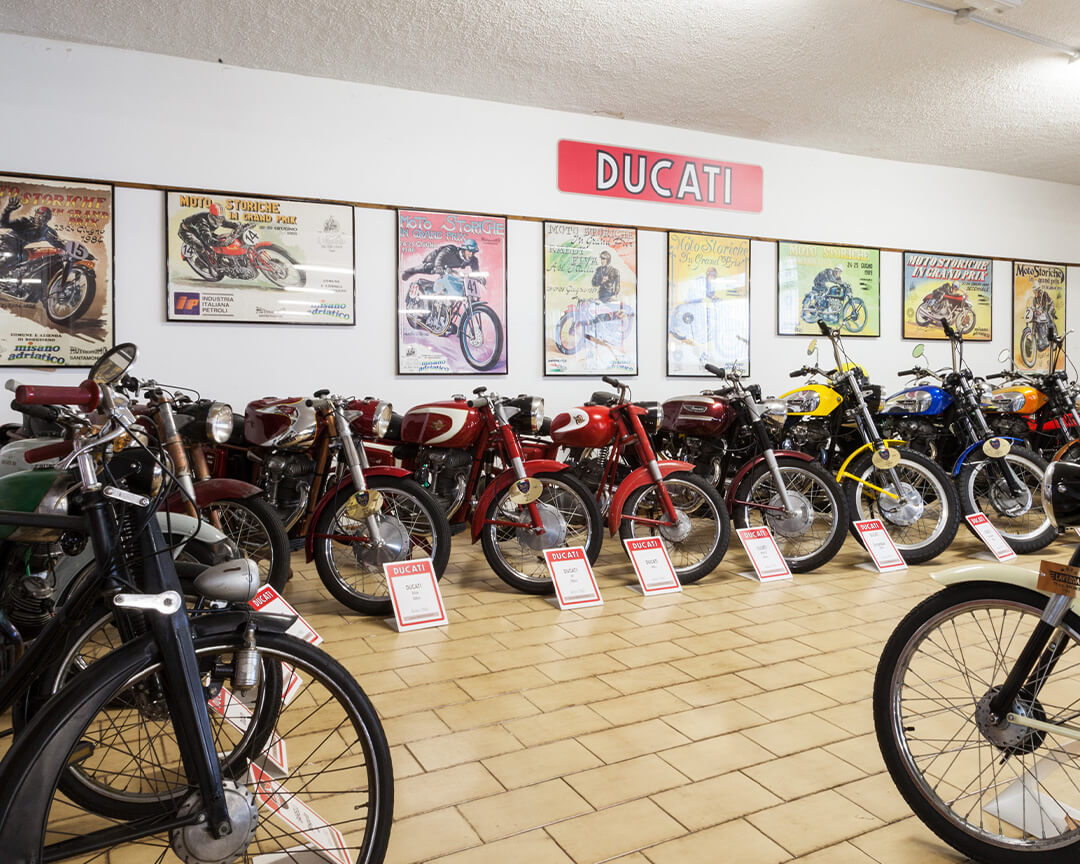 vintage ducati motorcycles of various different colors, on the wall hung Ducati logo plaque and various motorcycle illustrations