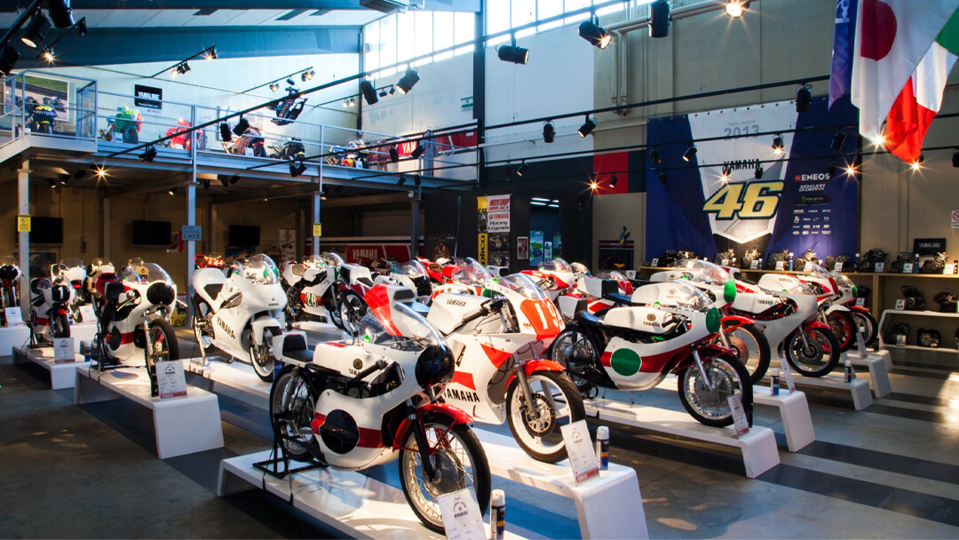 Yamaha exhibition hall, with several historical racing models, inside the motorbike collection poggi