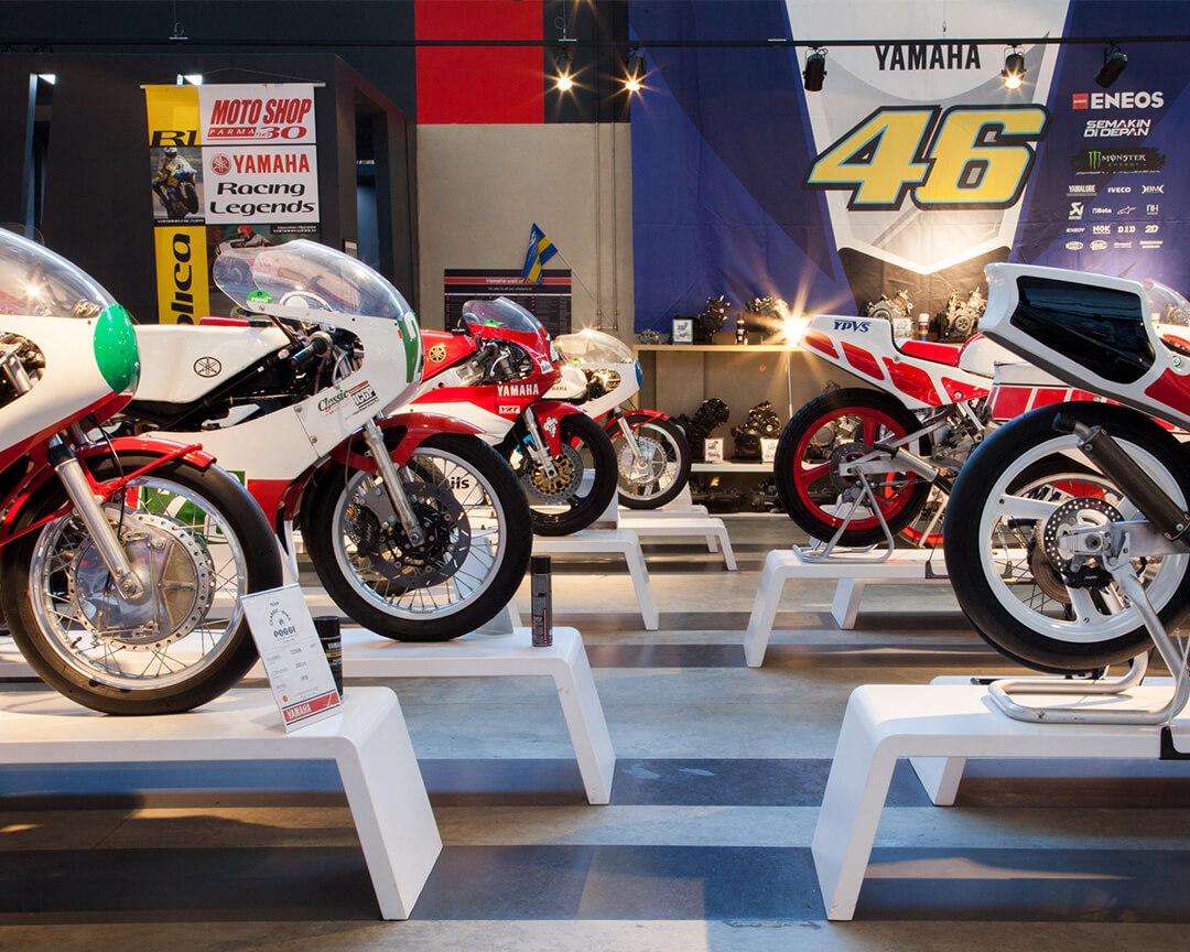 Inside the yamaha room, from the poggi collection, several models of the motorbike manufacturer's historic racing bikes are on display