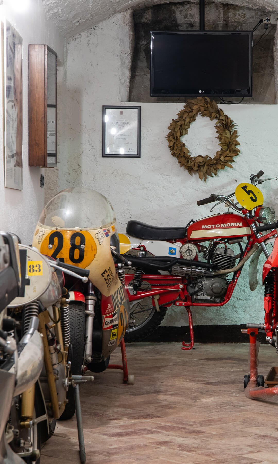 Inside the Parmeggiani collection you can see 6 vintage motorcycles arranged within a corridor