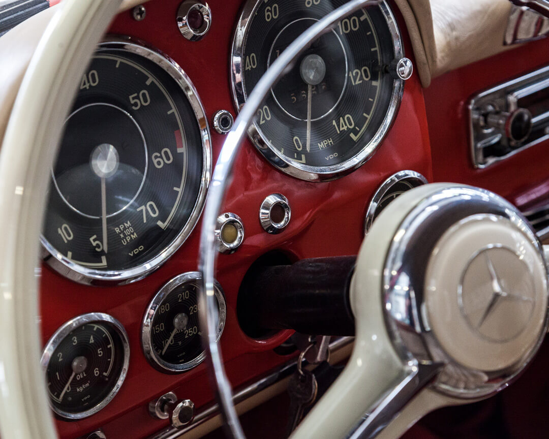 Detail of the dashboard of a vintage Mercedes, part of the pollini collection