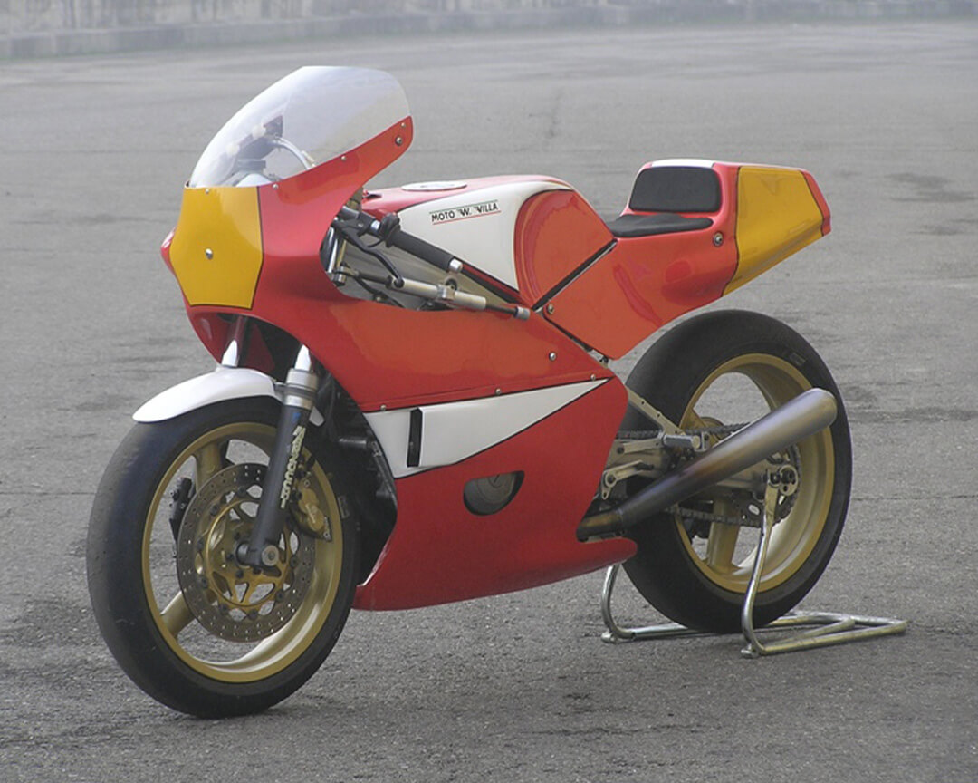 Vintage track motorbikes, with moto villa number plate, from the villa italia collection