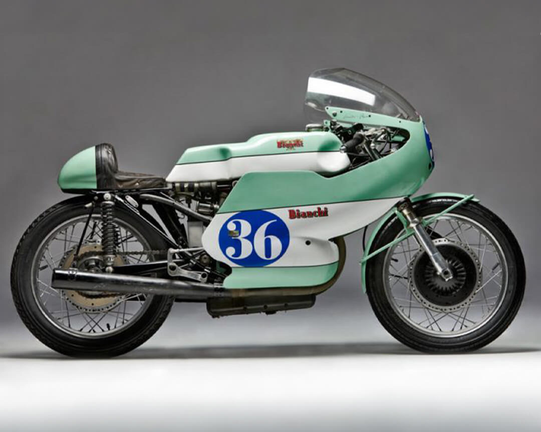Vintage model of a Bianchi circuit bike, colour: teal and white, part of the villa italia collection