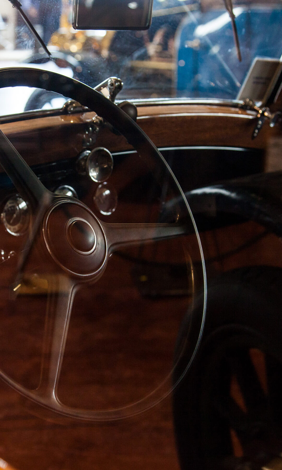 Dashboard and steering wheel of a classic car, part of the collection of the museum of san martin in rio