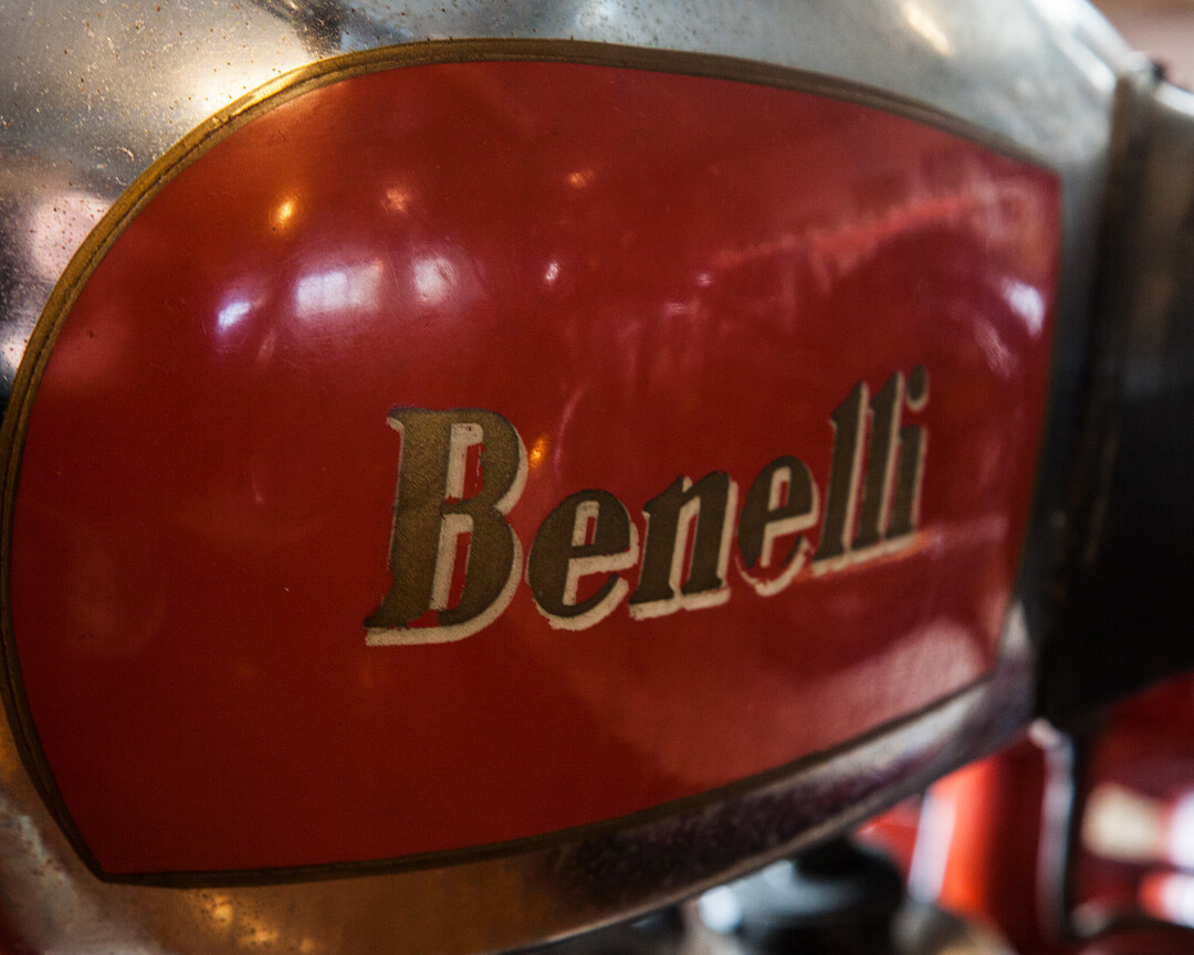 Detail of the benelli logo on the tank of a collector's motorbike, inside the national motorbike museum