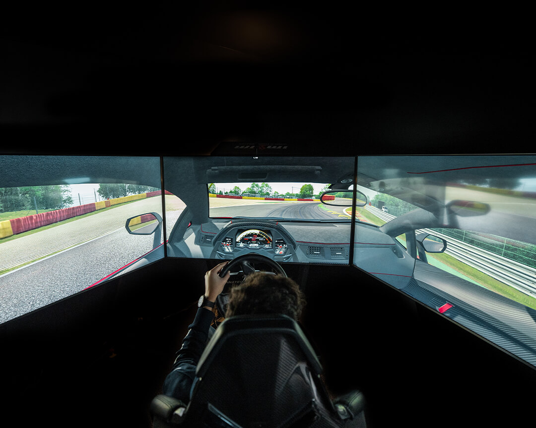 Driving simulator with person testing it seen from behind