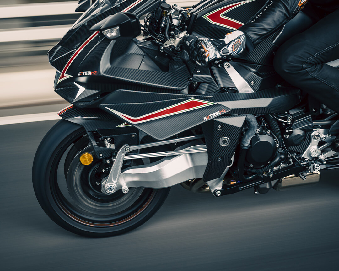 detail of Bimota motorbike model Tesi H2 black running