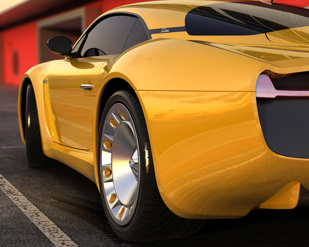 Fd Group render with left rear view of a yellow sports car