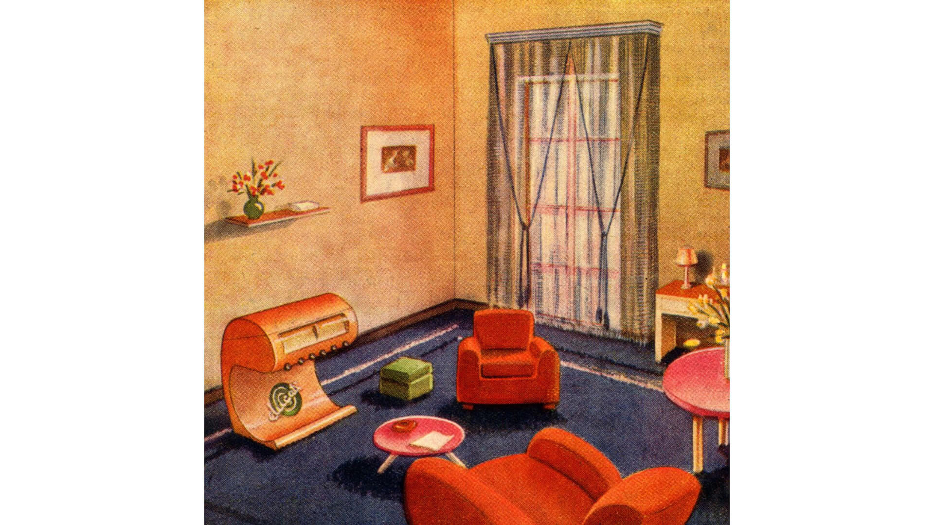 illustrazione d'epoca di radio Ducati in salotto italiano