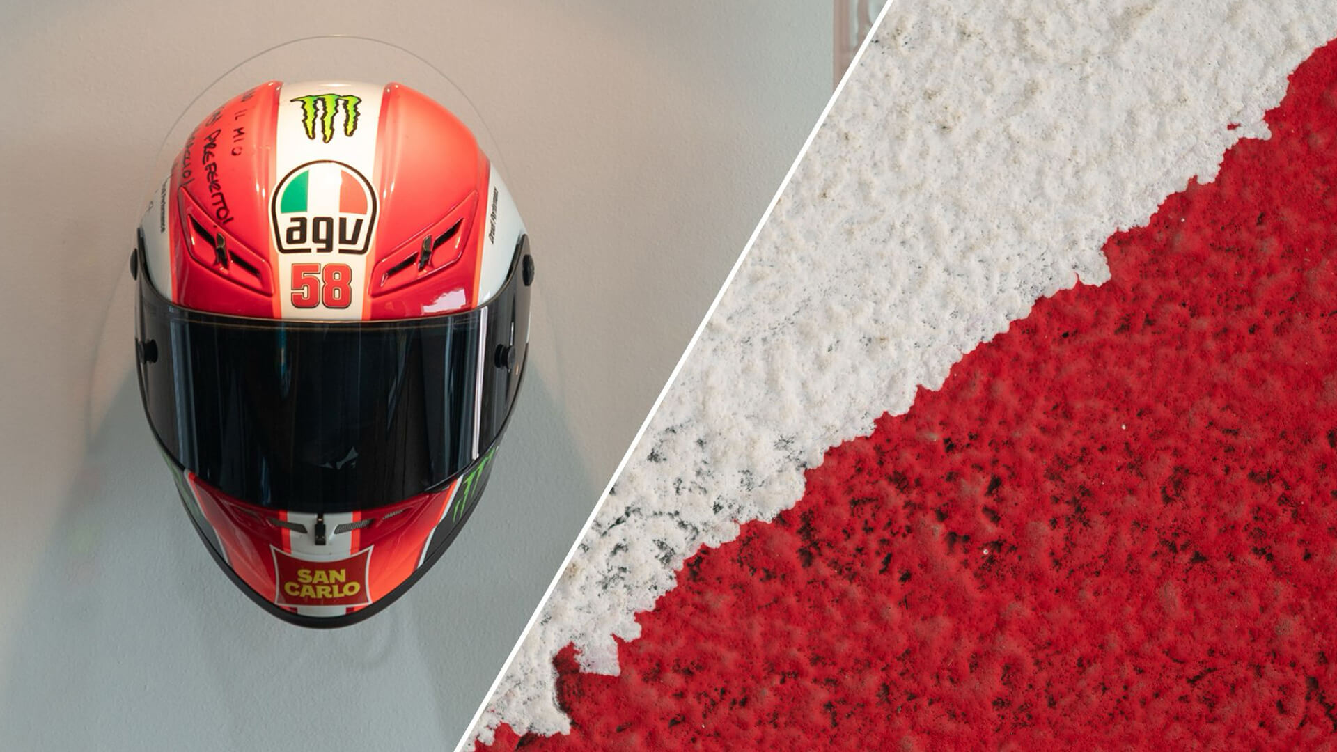 photo collage of motorcycle helmet gp number 58 with black marker and white and red circuit sign
