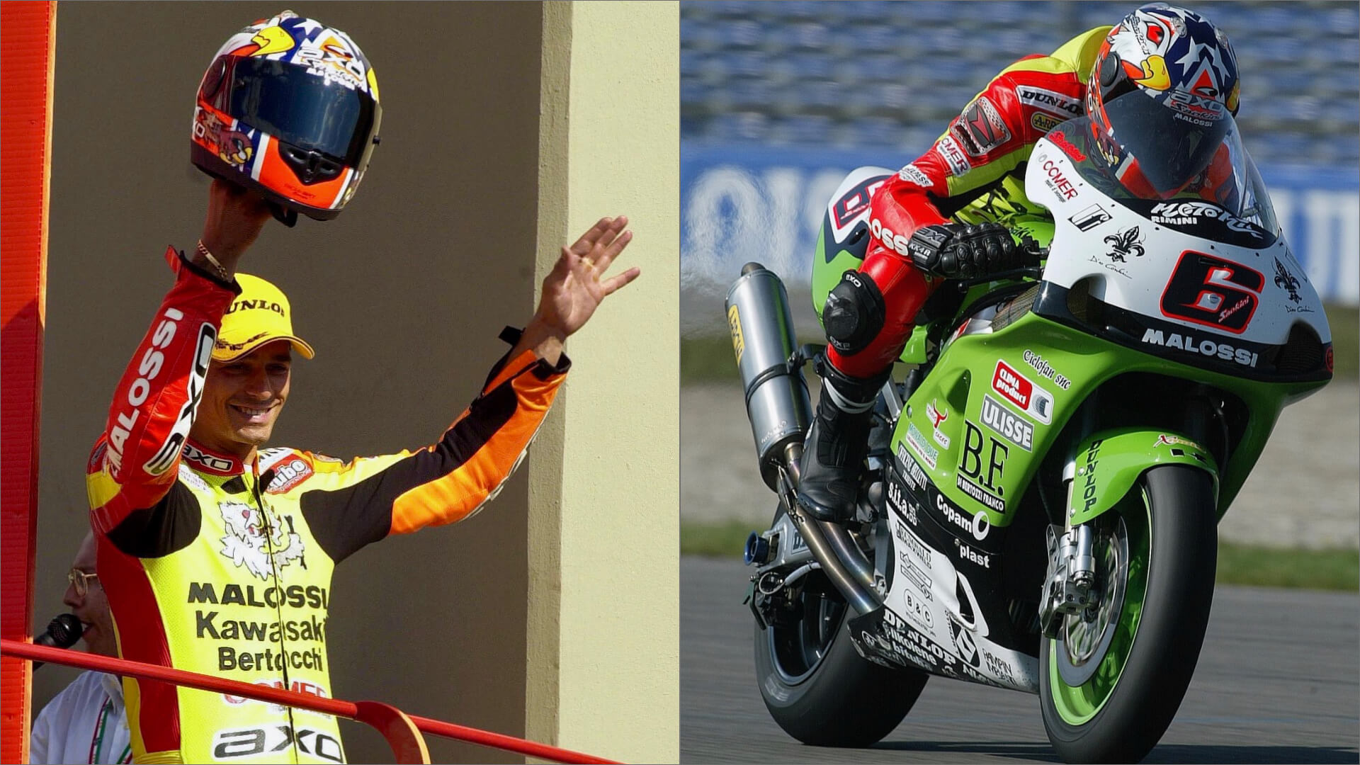 composition of two photos of mauro sanchini when he was moto gp rider
