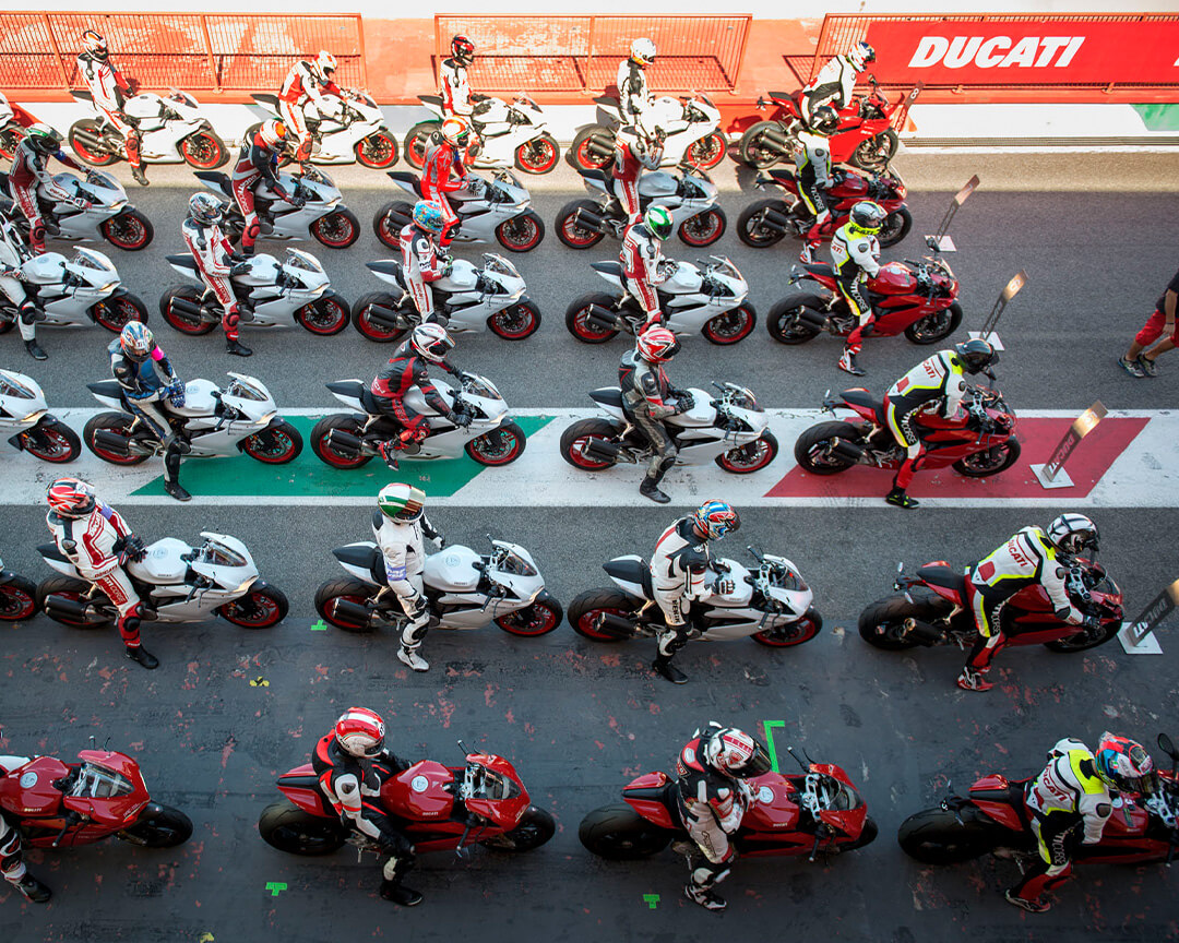 many Ducati motorcycles on paddock with Italian flag graphics