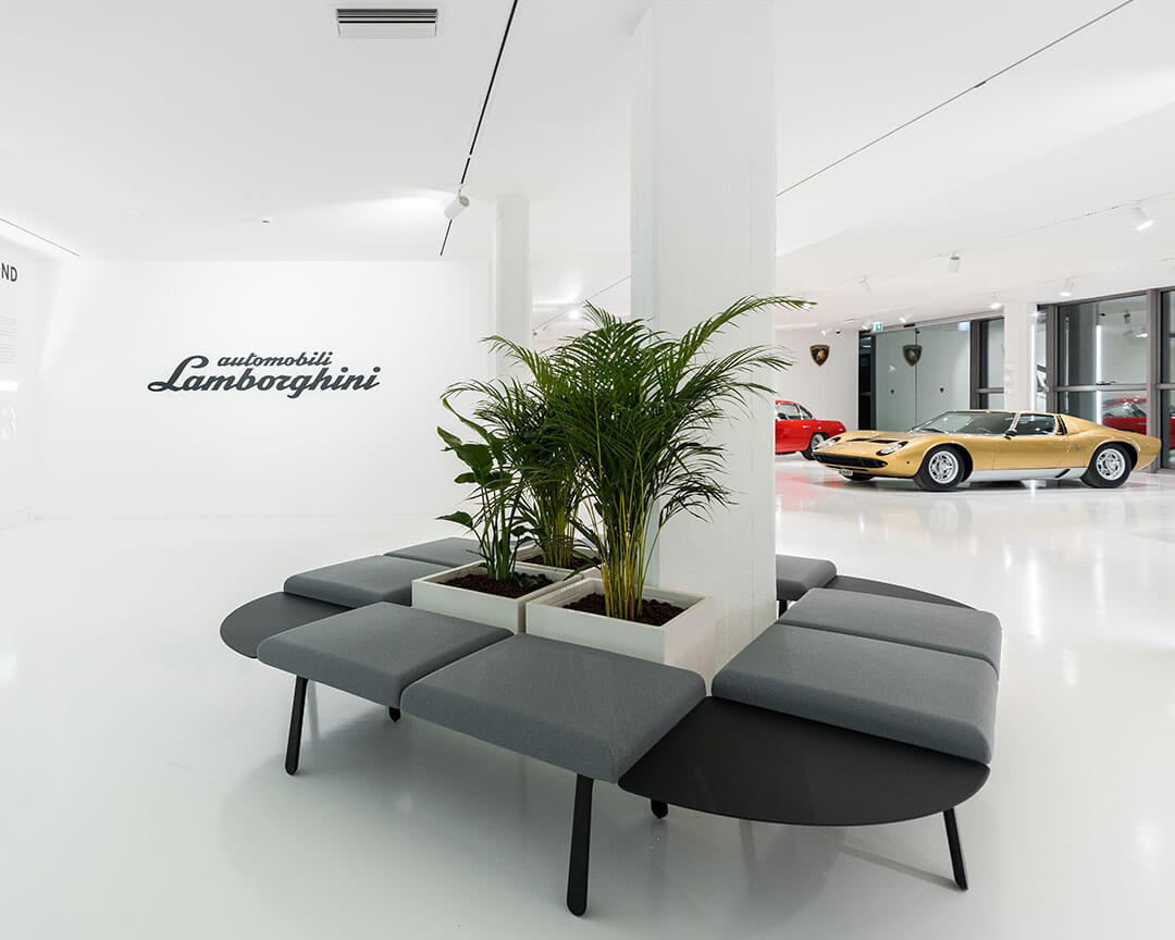 The elegant entrance to the Lamborghini Museum
