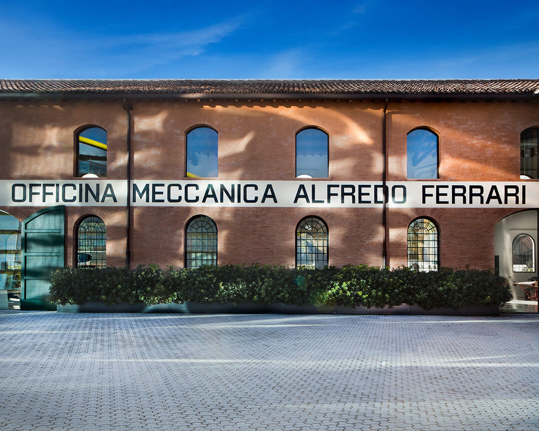 Front view of the historic factory with the inscription Officina Meccanica Alfredo Ferrari