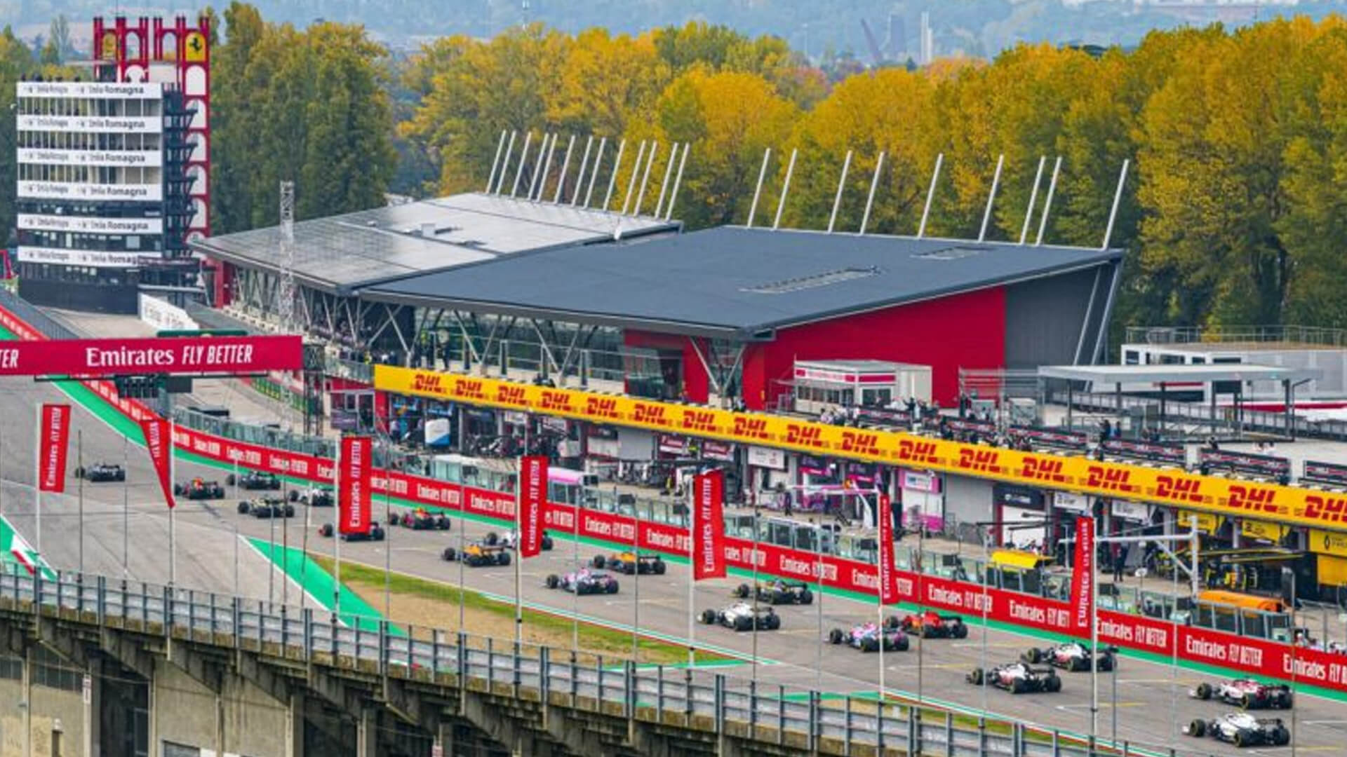 Aerial shot of the starting grid of the emlia romanga grand prix run at the imola circuit