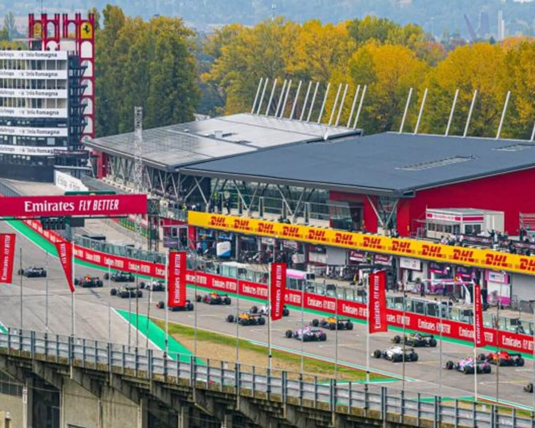 Aerial shot of the starting grid of the emlia romanga grand prix run at the imola circuit