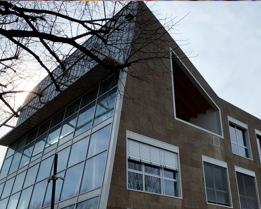 Photo from below of geometrically structured building