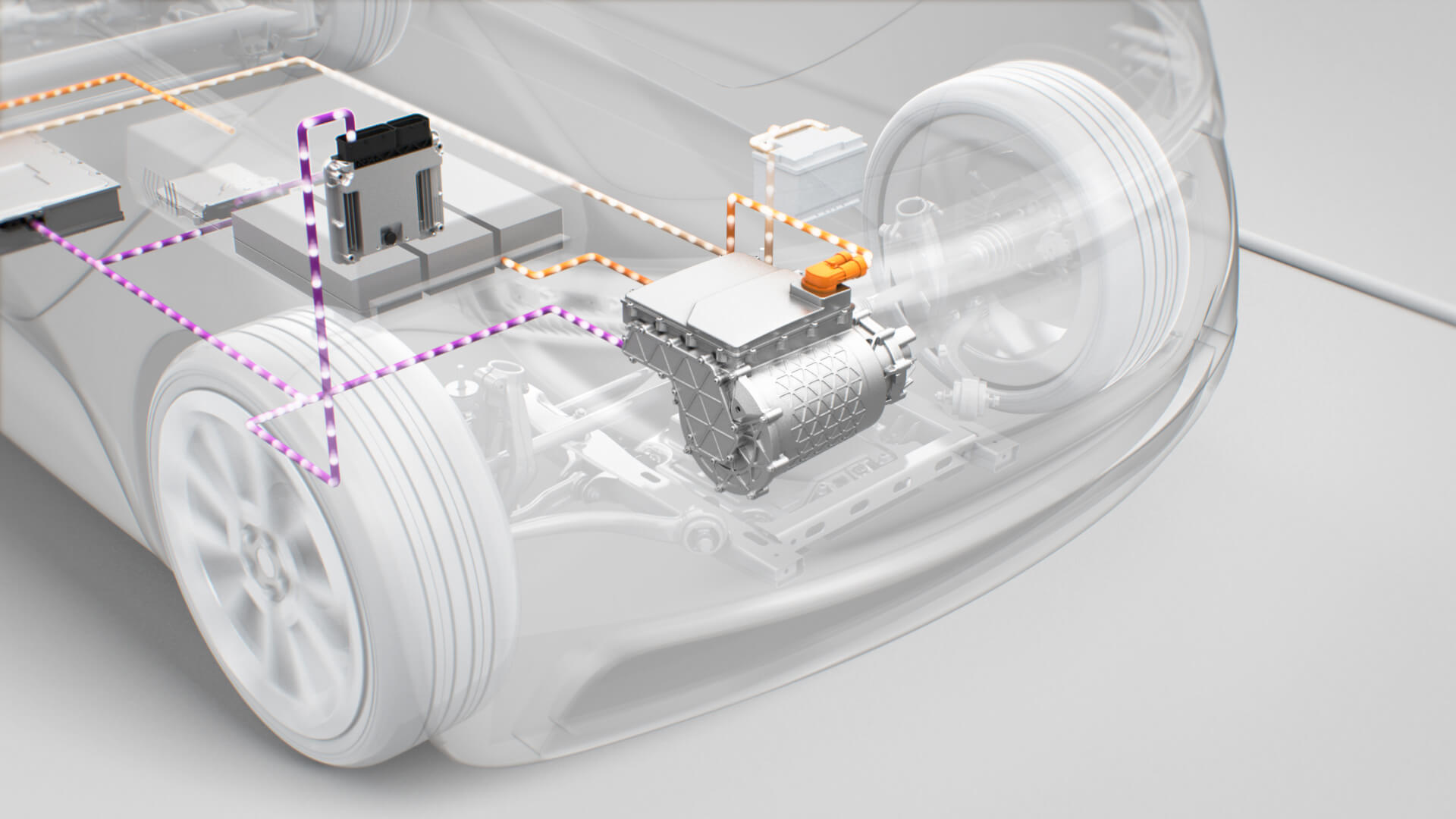 grafica che mostra l'interno e il funzionamento di una macchina elettrica mettendo in evidenza il suo motore e i relativi collegamenti