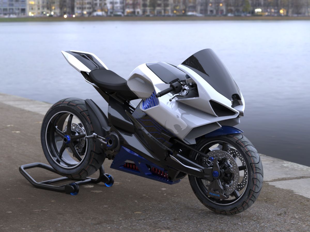 Motocicletta parcheggiata vicino a dell'acqua.