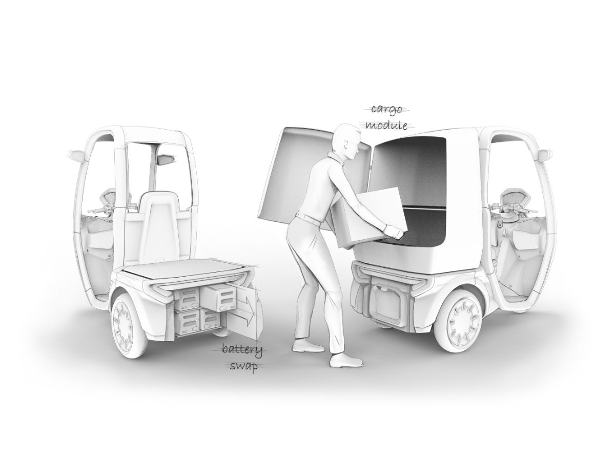 Illustrazione con una persona che trasporta un pacco tra due vetture coperte a tre ruote.