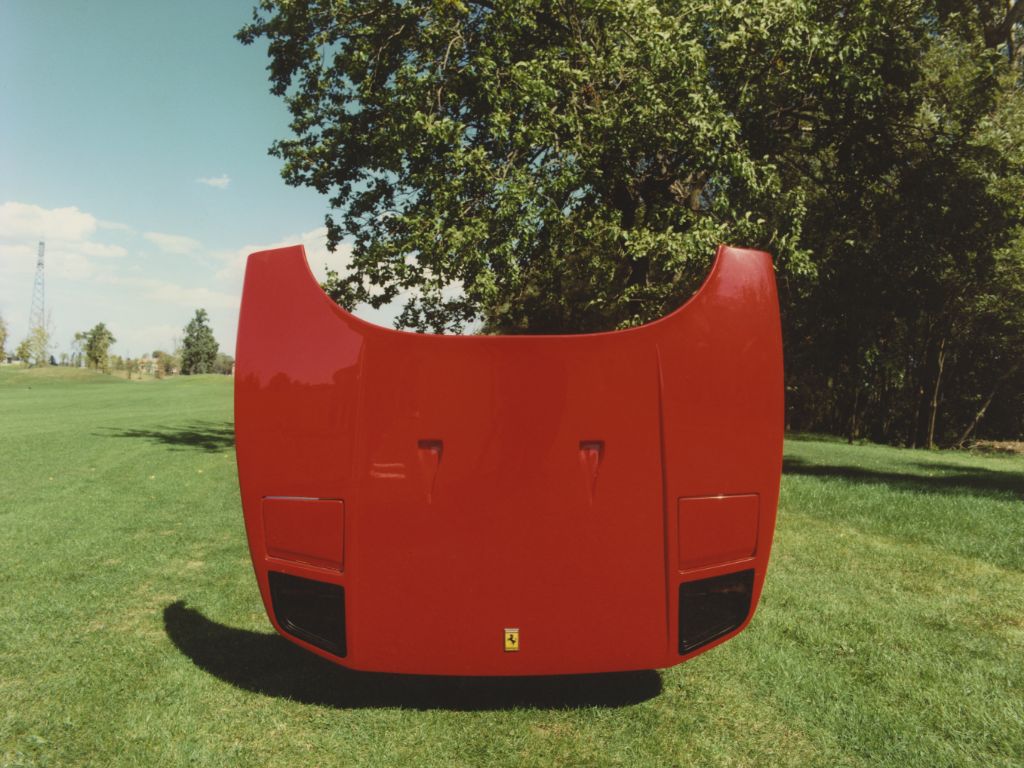 Cofano rosso di una Ferrari F40 aperto in mezzo a un prato verde.