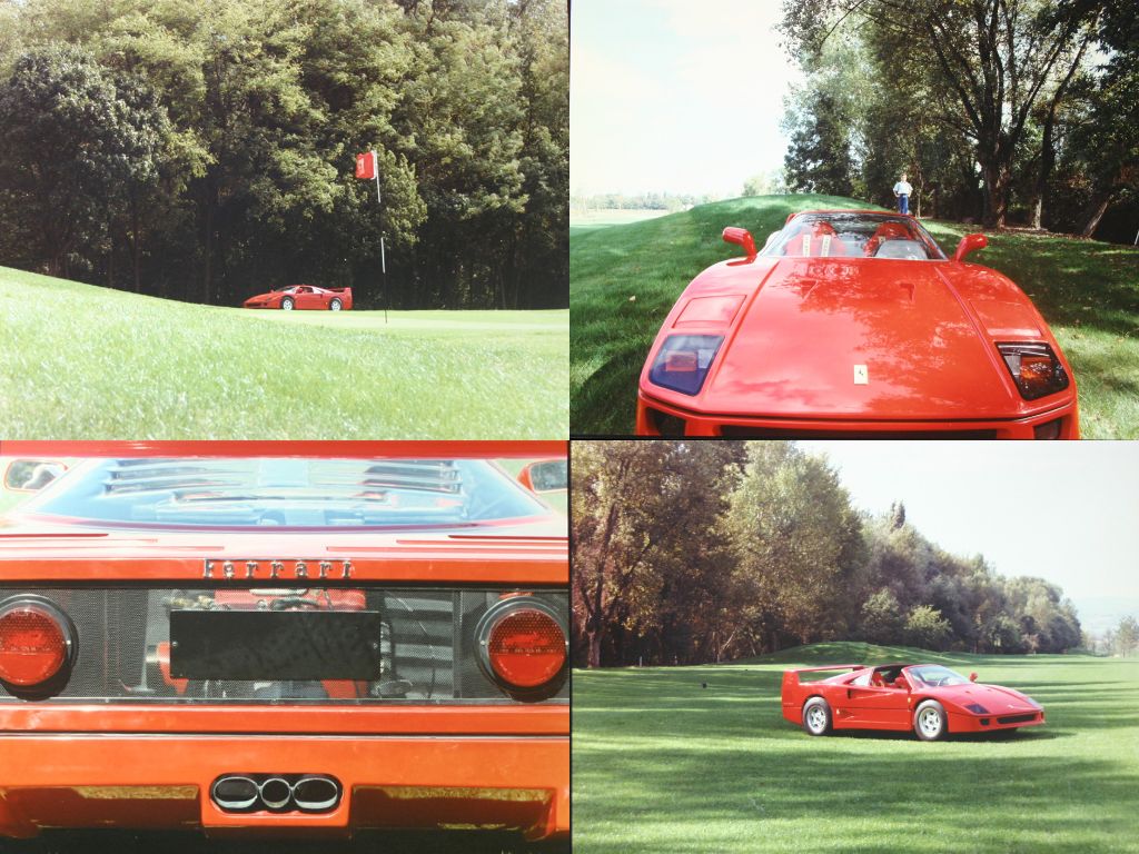 collage di 4 foto di una mini Ferrari F40 veduta in prospettiva frontale, distante, e a media distanza, da dietro, in mezzo a un campo da golf.