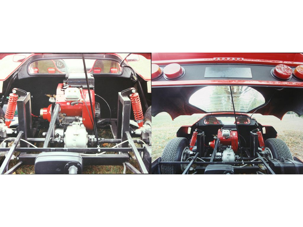 Collage di 2 foto: prospettive diverse del motore di una Ferrari F40 Agostini Junior.
