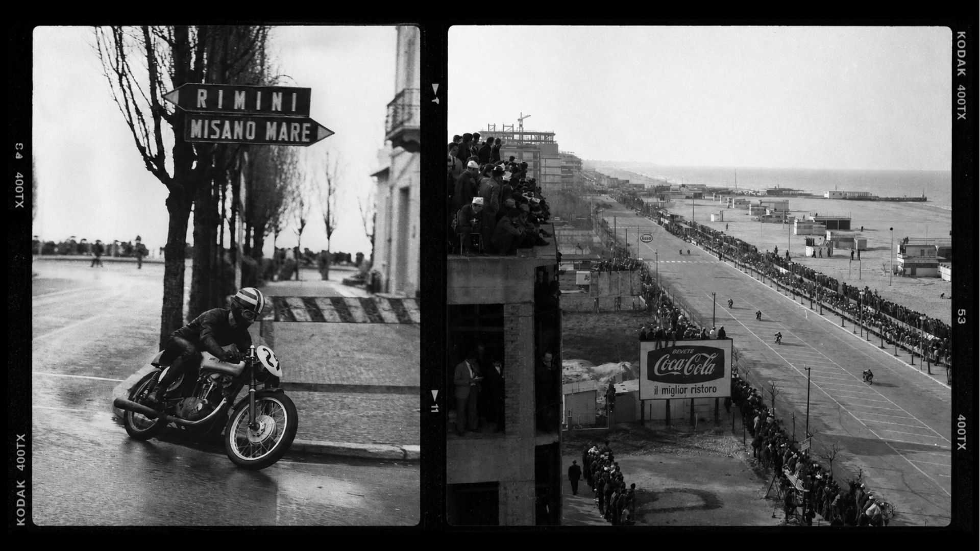 Foto vintage del circuito cittadino di Misano e di un motociclista.