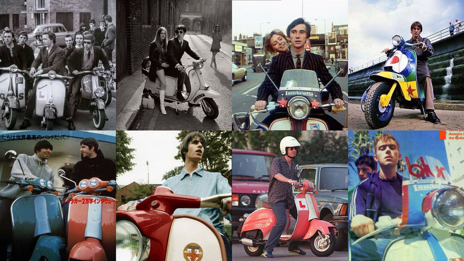 Collage sulla sottocultura Mod e Britpop con scooter Vespa e Lambretta, Paul Weller, Noel e Liam Gallagher degli Oasis e Damon Albarn.