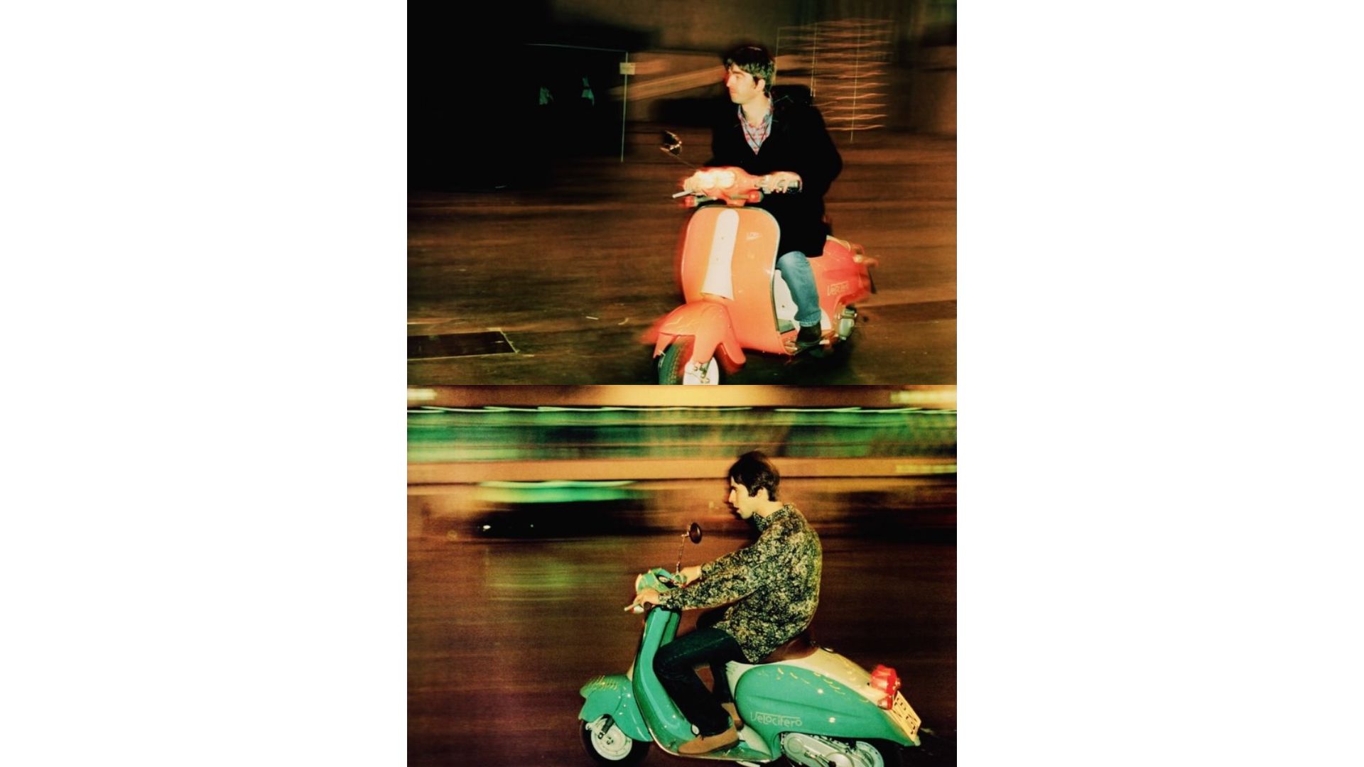 Noel e Liam Gallagher degli Oasis in sella a scooter vintage in una iconica foto anni '90 con effetto mosso.